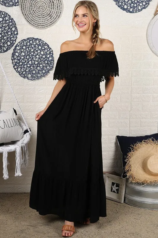 Off the Shoulder Flowy Maxi Dress with Pockets