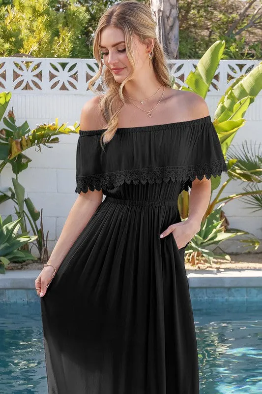 Off the Shoulder Flowy Maxi Dress with Pockets