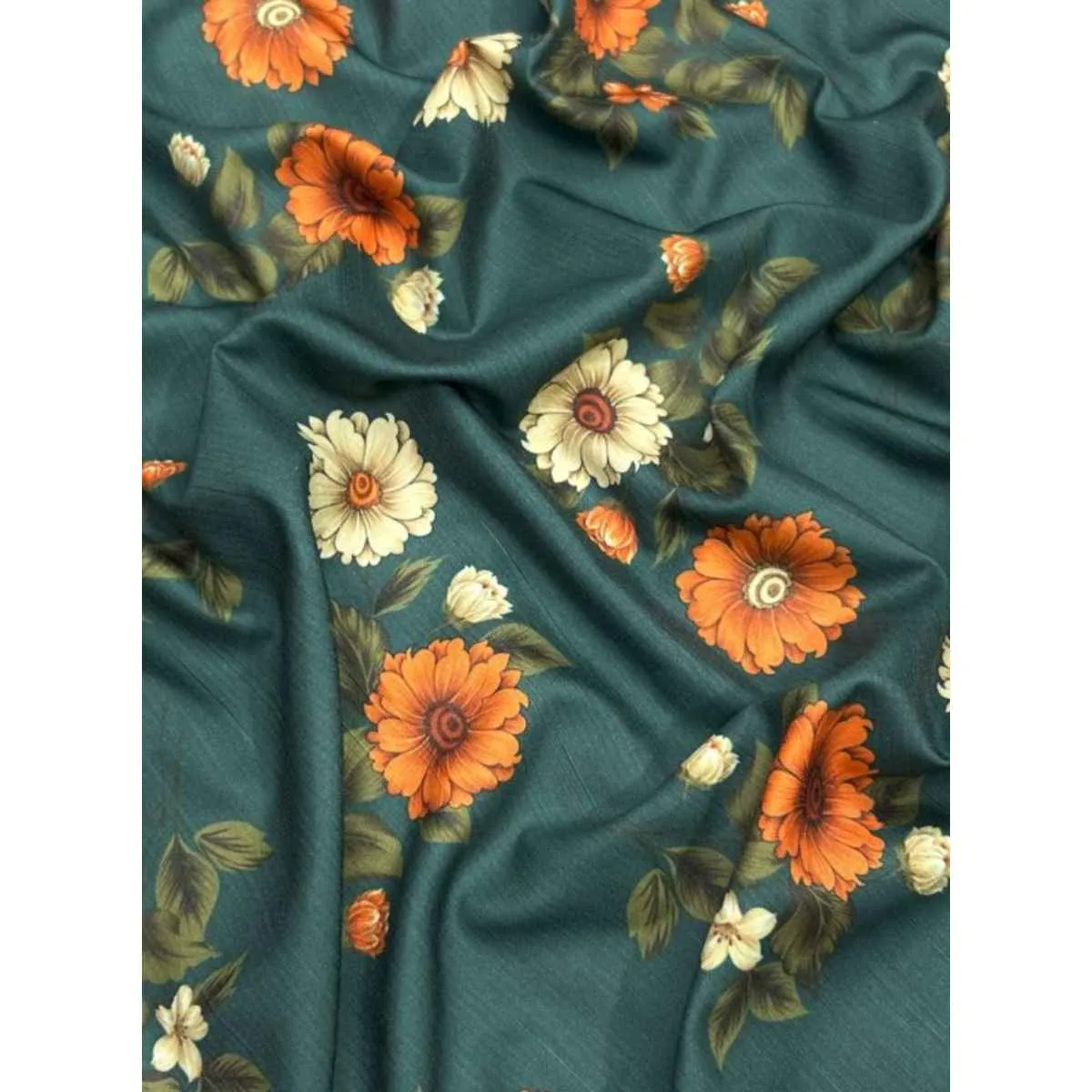 Orange And Cream Floral Printed Silk Fabric