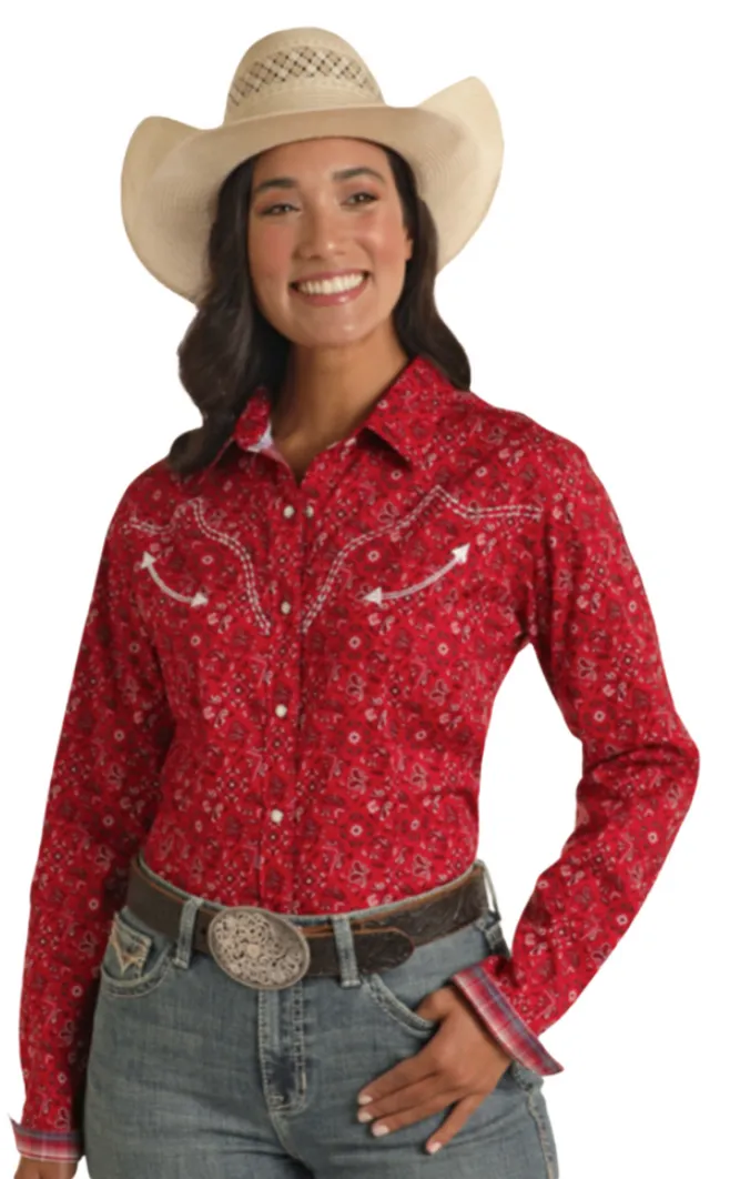 PHS  Ladies Rough Stock Red Bandana Snap Long Sleeve Shirt Style RWN2S03829