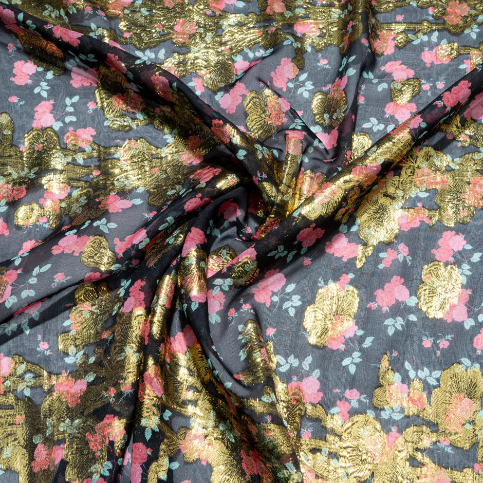 Pink Floral Printed Black Metallic Chiffon