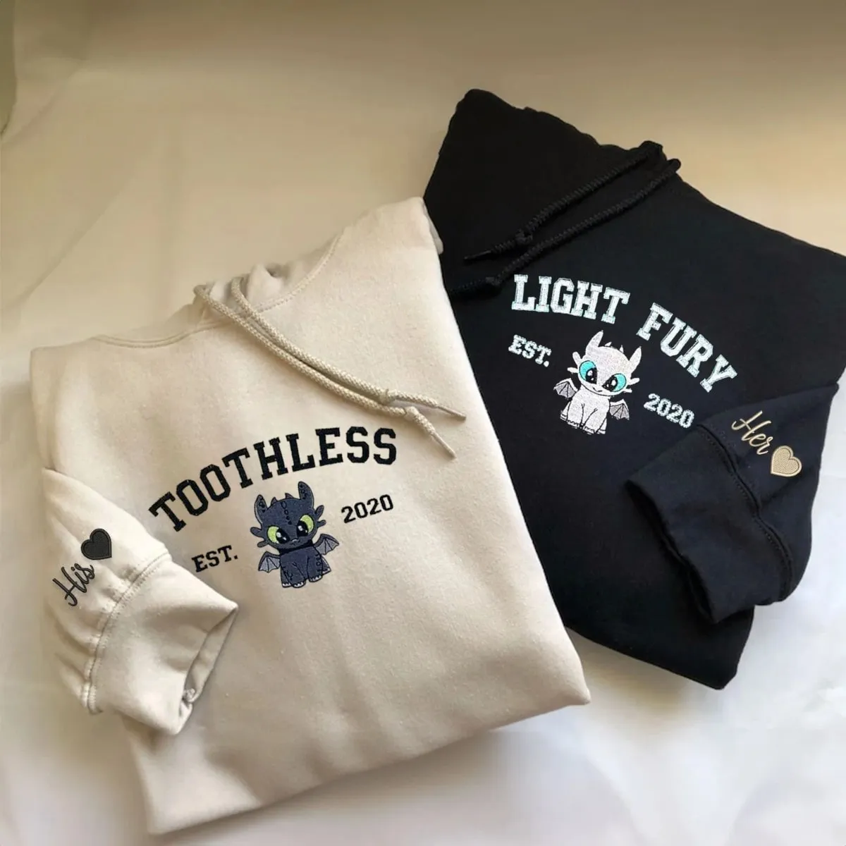 "Toothless And Light Fury Couple" Couple Matching Hoodies - Custom Embroidered Sweatshirts For Couples