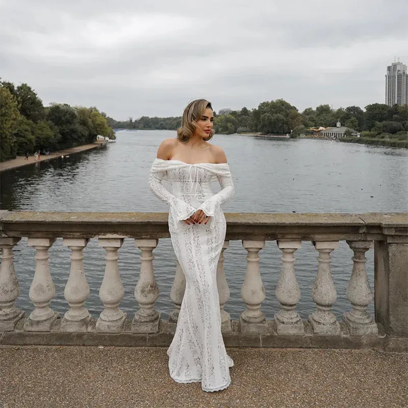 "White Off-Shoulder Lace-Up Maxi Dress – Elegant Seaside Gown for Summer"