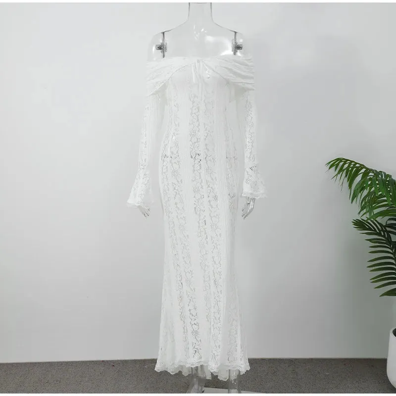 "White Off-Shoulder Lace-Up Maxi Dress – Elegant Seaside Gown for Summer"