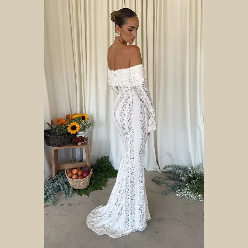 "White Off-Shoulder Lace-Up Maxi Dress – Elegant Seaside Gown for Summer"