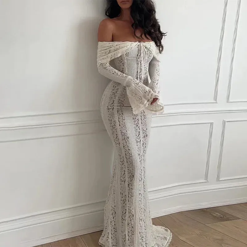 "White Off-Shoulder Lace-Up Maxi Dress – Elegant Seaside Gown for Summer"