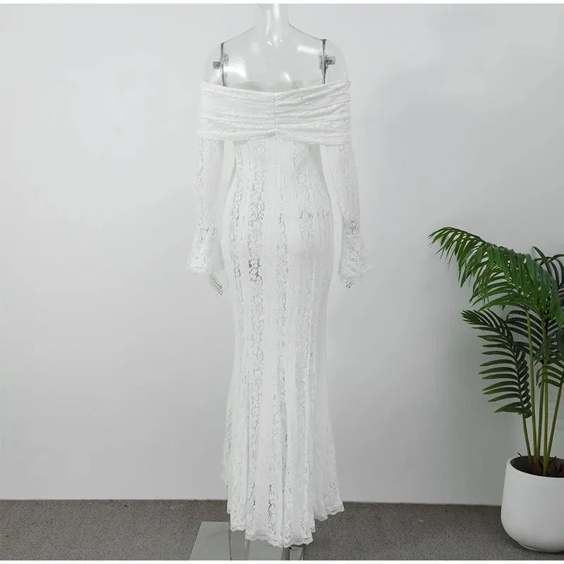 "White Off-Shoulder Lace-Up Maxi Dress – Elegant Seaside Gown for Summer"