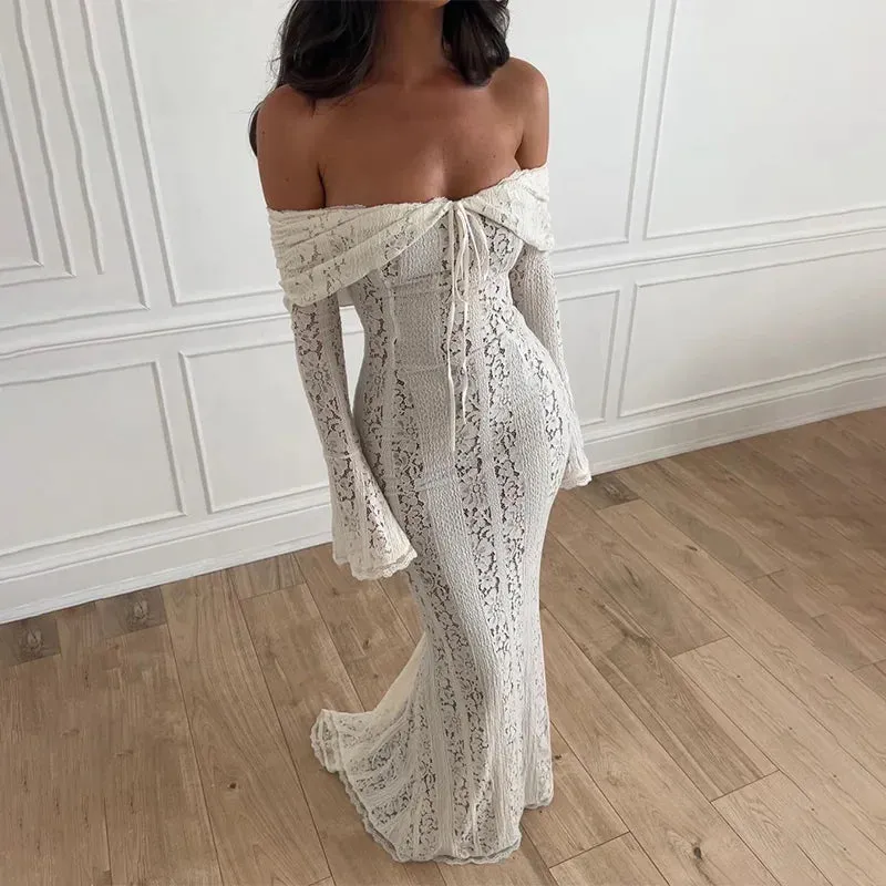 "White Off-Shoulder Lace-Up Maxi Dress – Elegant Seaside Gown for Summer"