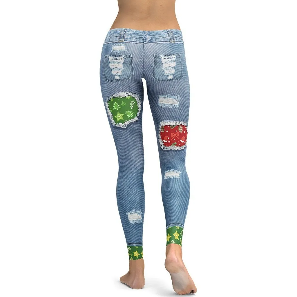 Ripped Denim Christmas Leggings