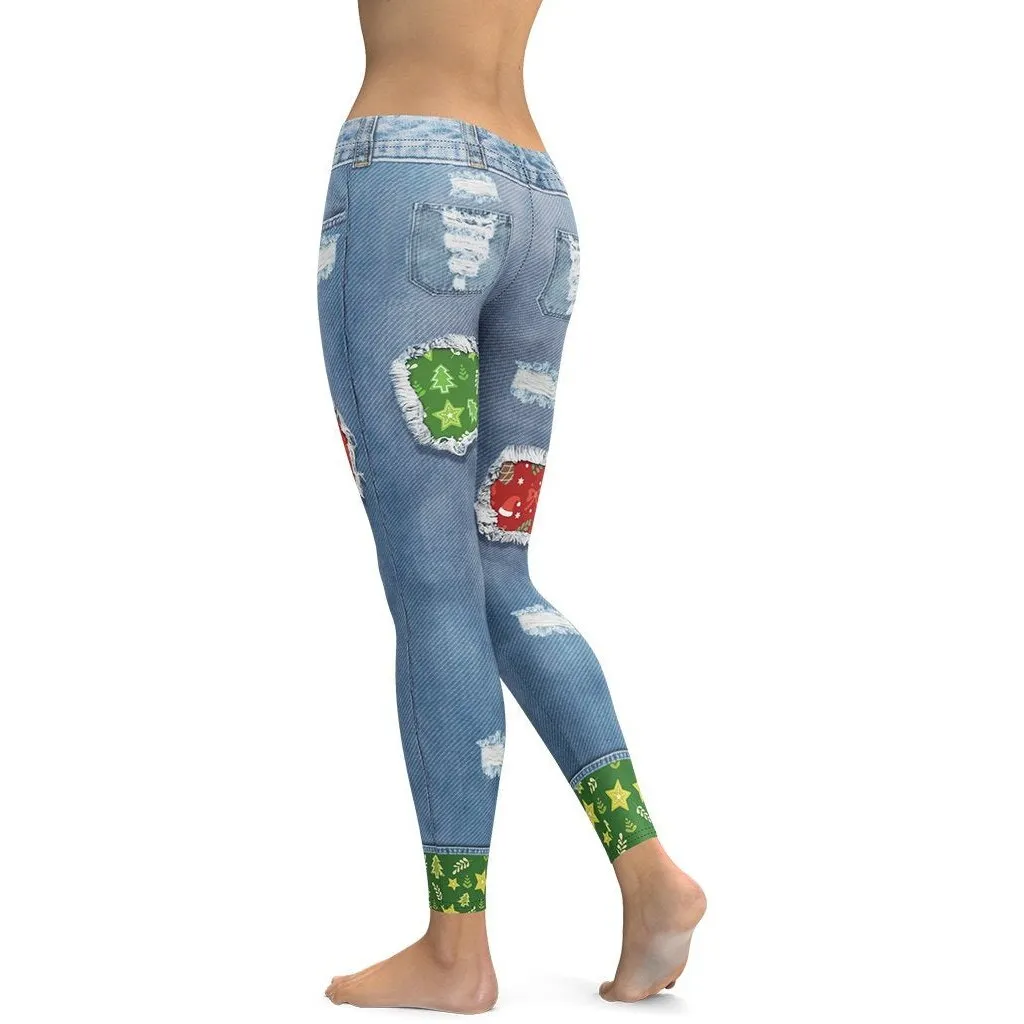 Ripped Denim Christmas Leggings