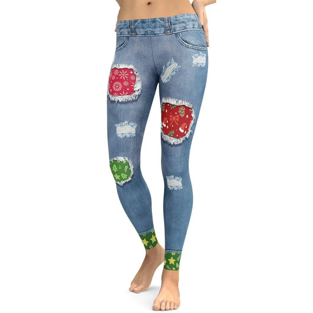 Ripped Denim Christmas Leggings