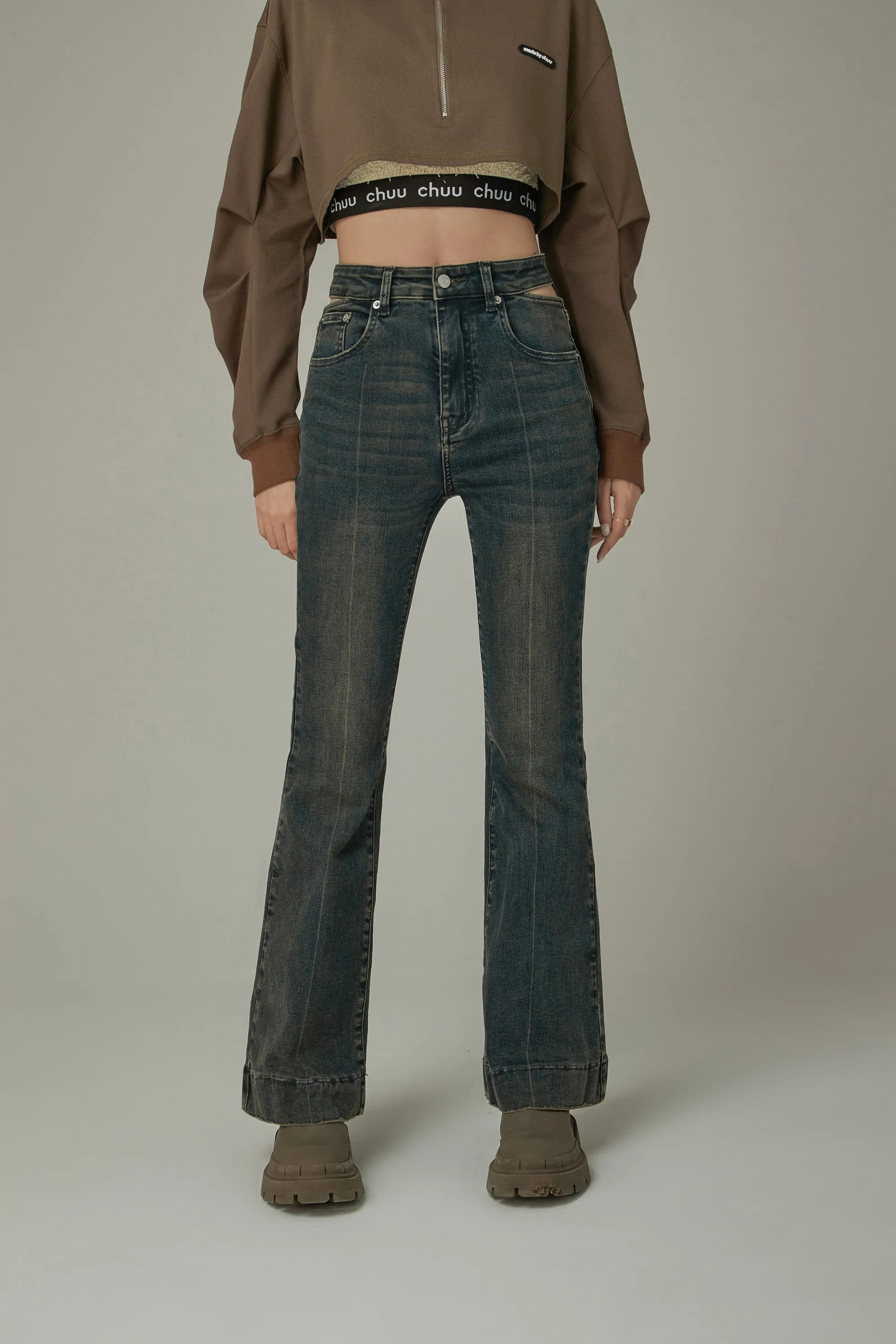 Ripped Pocket Cutout Waist Bootcut Jeans