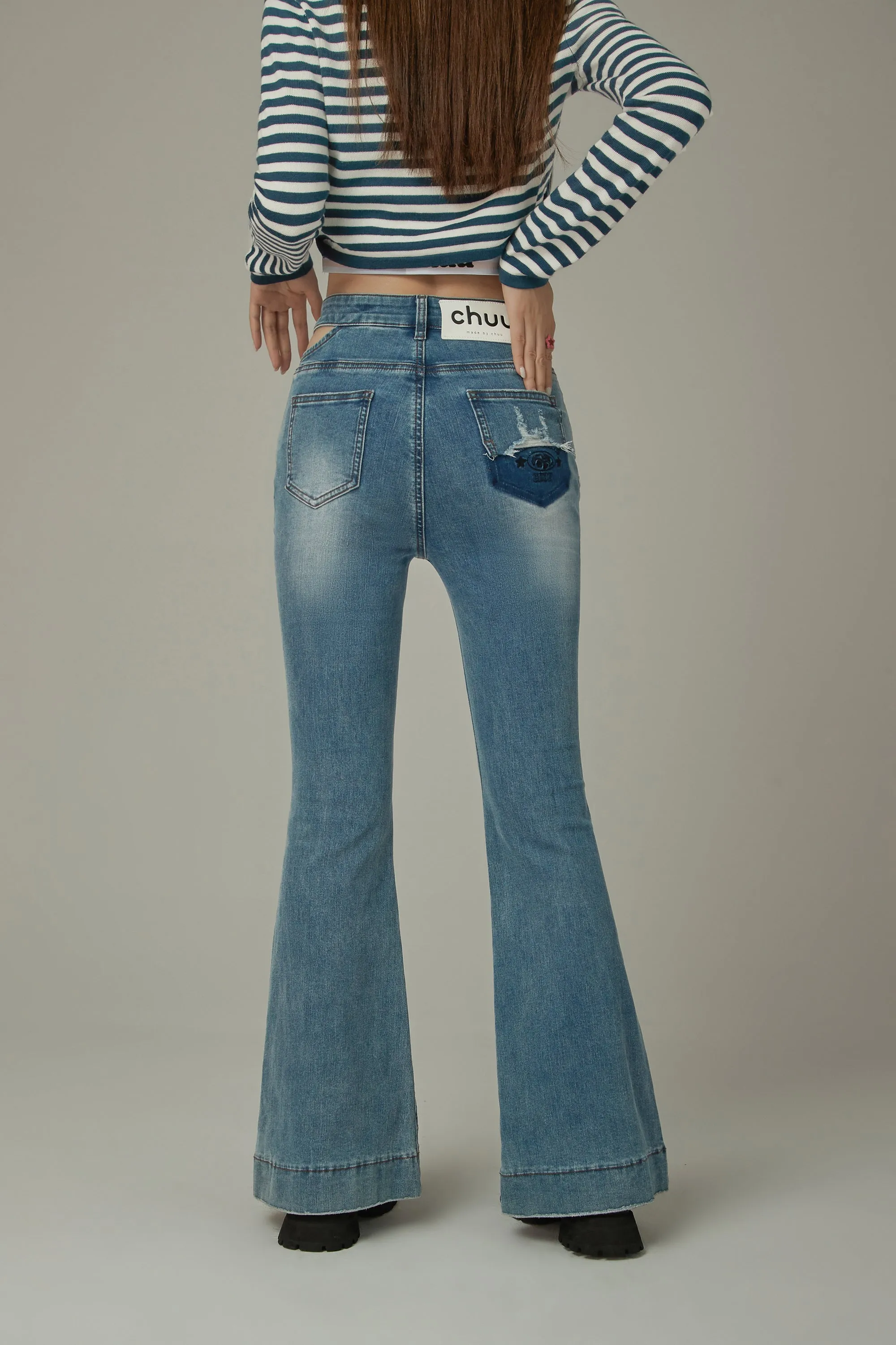 Ripped Pocket Cutout Waist Bootcut Jeans