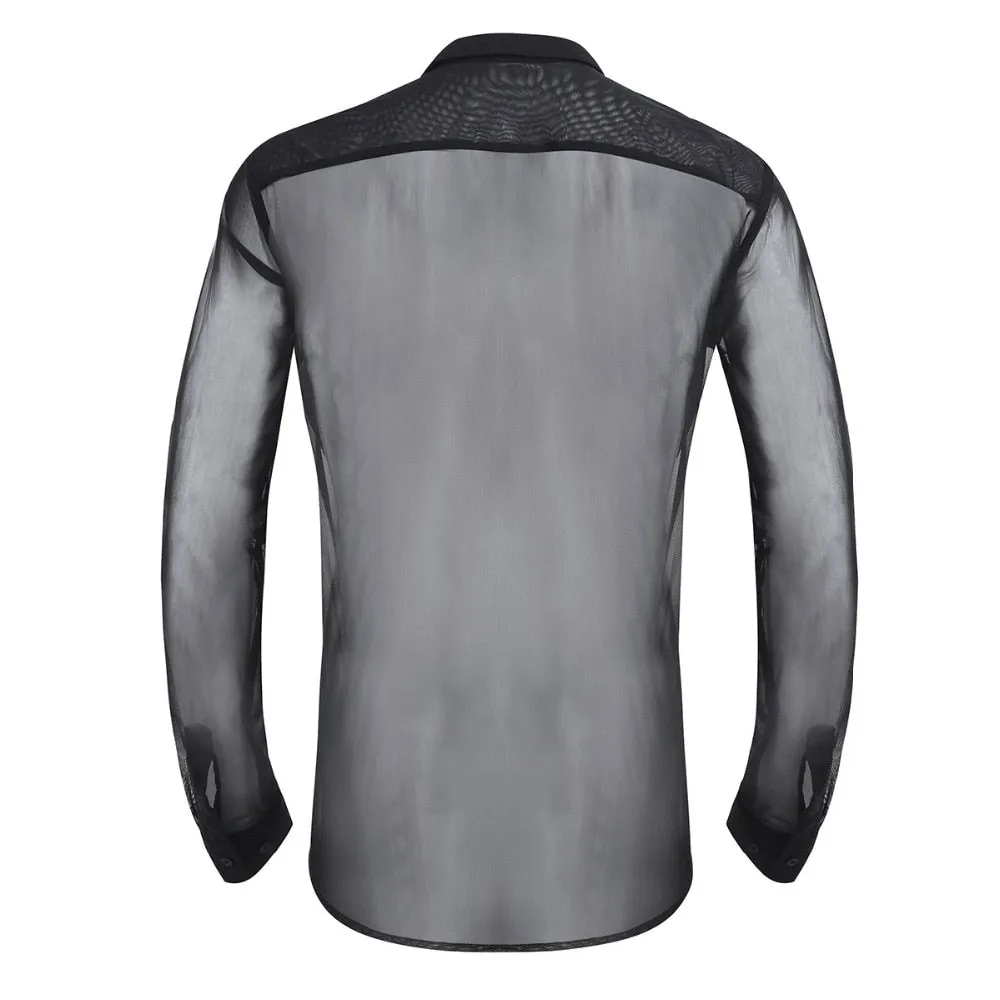 Sexy Thin See Through Summer Long Sleeves Turn Down Collar Style Men Polo Shirt