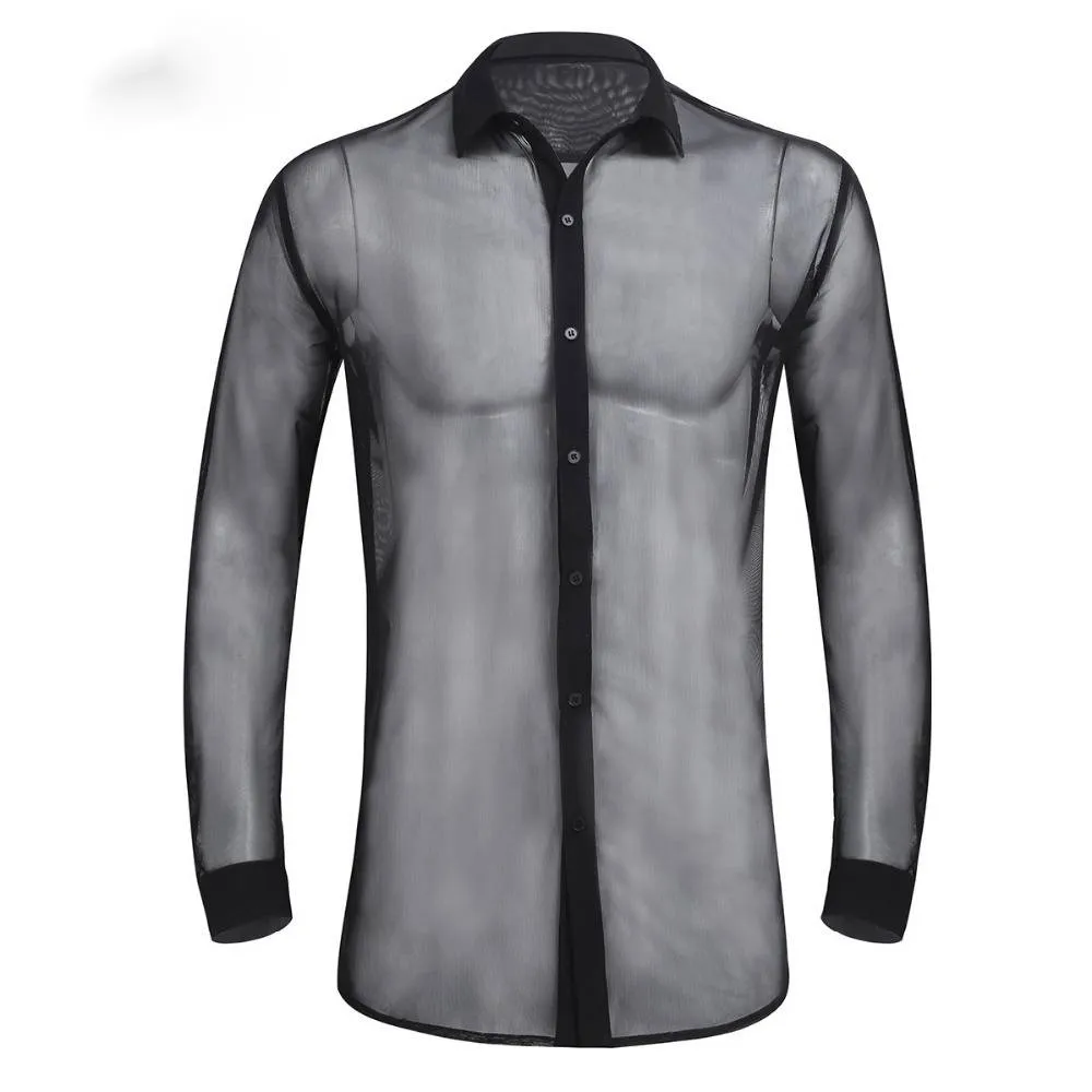 Sexy Thin See Through Summer Long Sleeves Turn Down Collar Style Men Polo Shirt