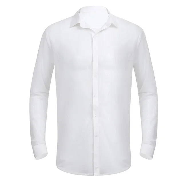 Sexy Thin See Through Summer Long Sleeves Turn Down Collar Style Men Polo Shirt