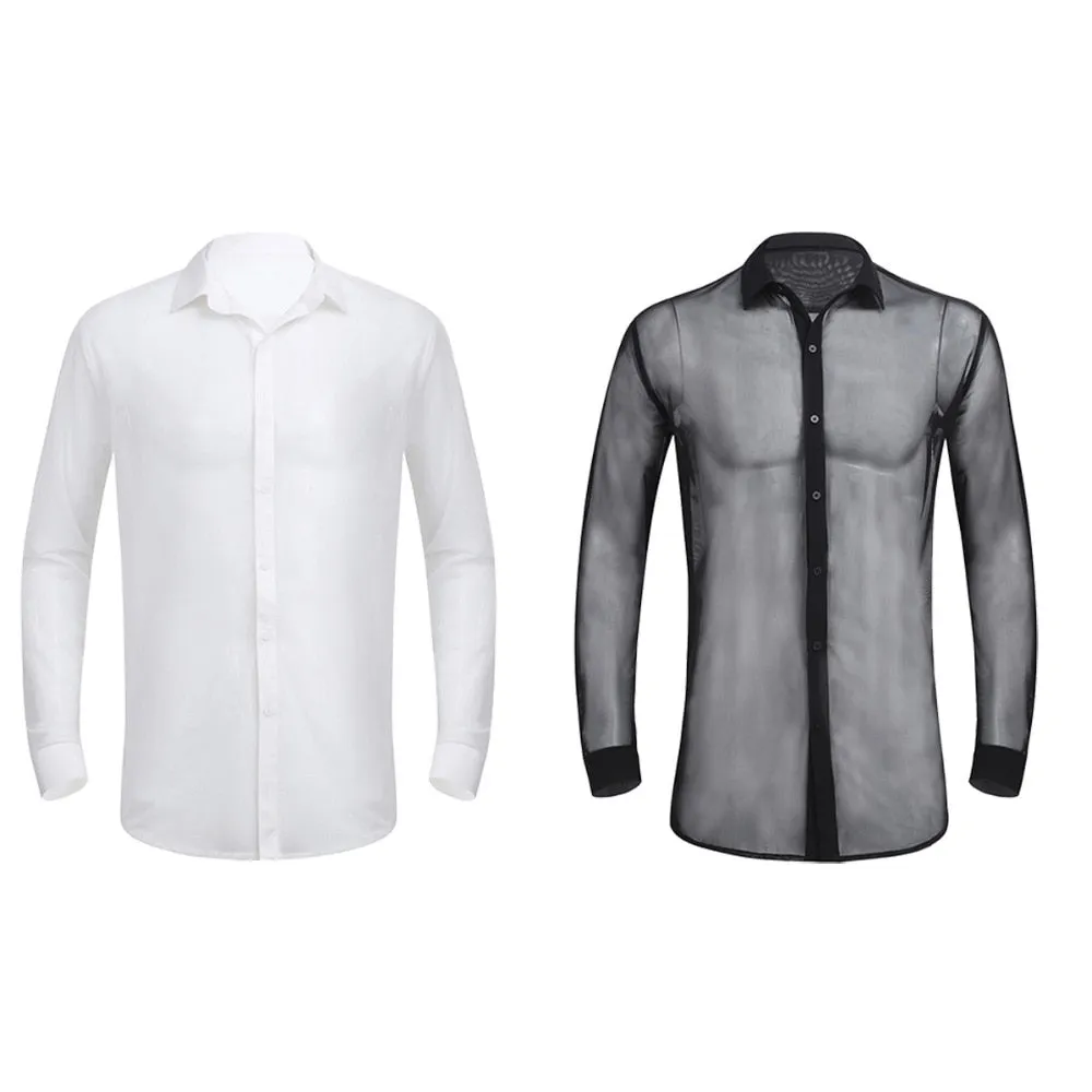 Sexy Thin See Through Summer Long Sleeves Turn Down Collar Style Men Polo Shirt