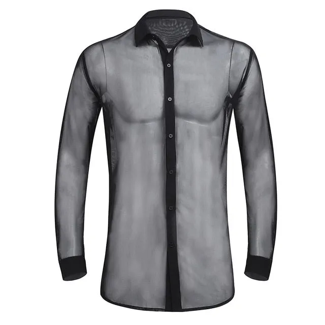 Sexy Thin See Through Summer Long Sleeves Turn Down Collar Style Men Polo Shirt