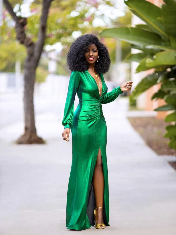 Sexy V Neck Split Hem Green Long Dress