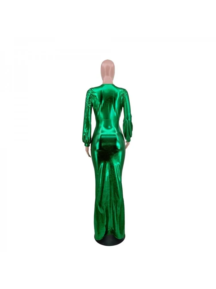 Sexy V Neck Split Hem Green Long Dress