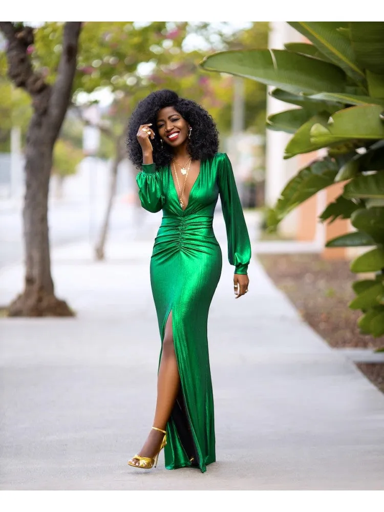 Sexy V Neck Split Hem Green Long Dress