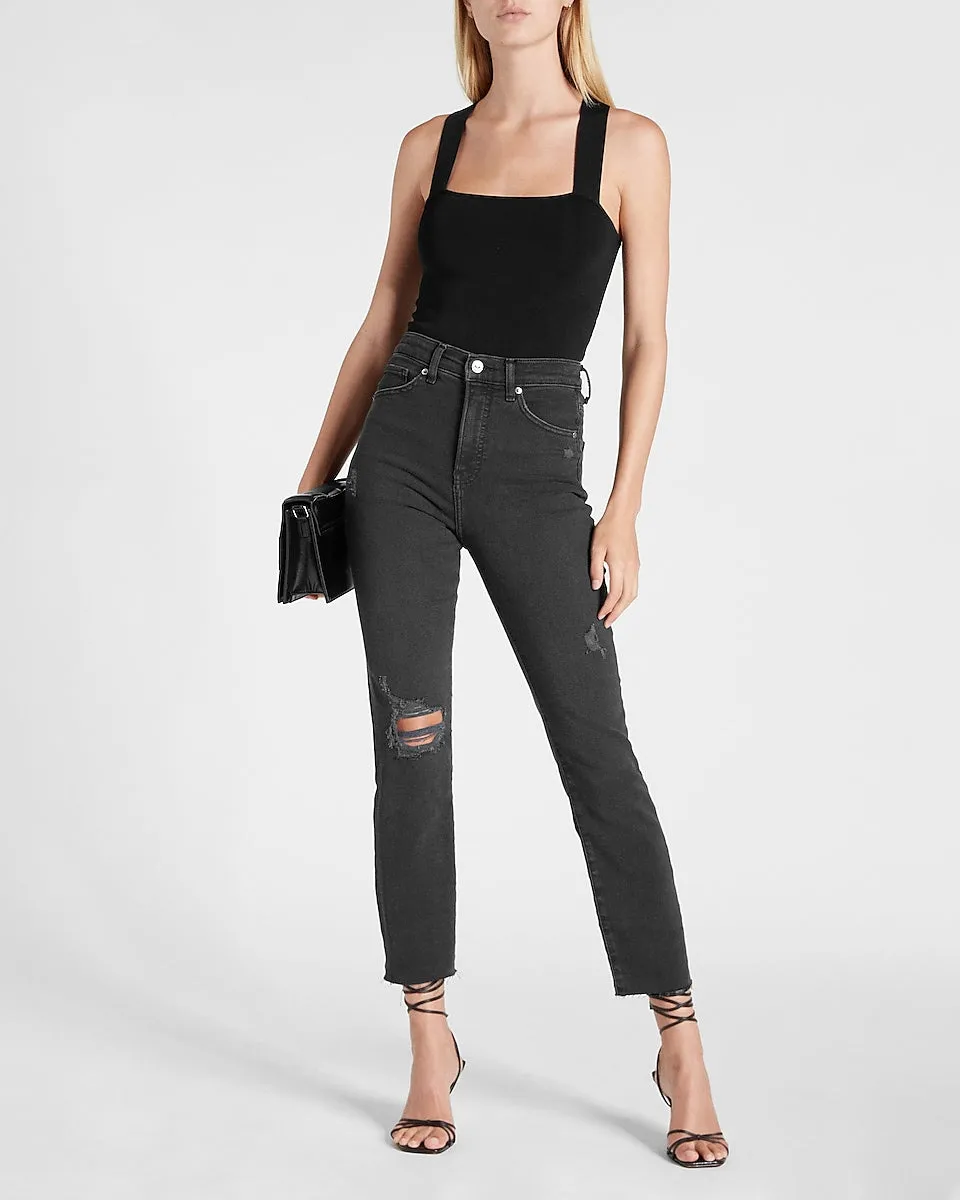 Super High Waisted Black Ripped Slim Jeans in Pitch Black