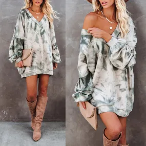 Tie-Dye Printed Long-Sleeved V-Neck Loose Casual Home Sweater