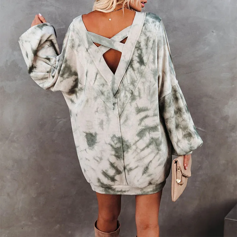 Tie-Dye Printed Long-Sleeved V-Neck Loose Casual Home Sweater