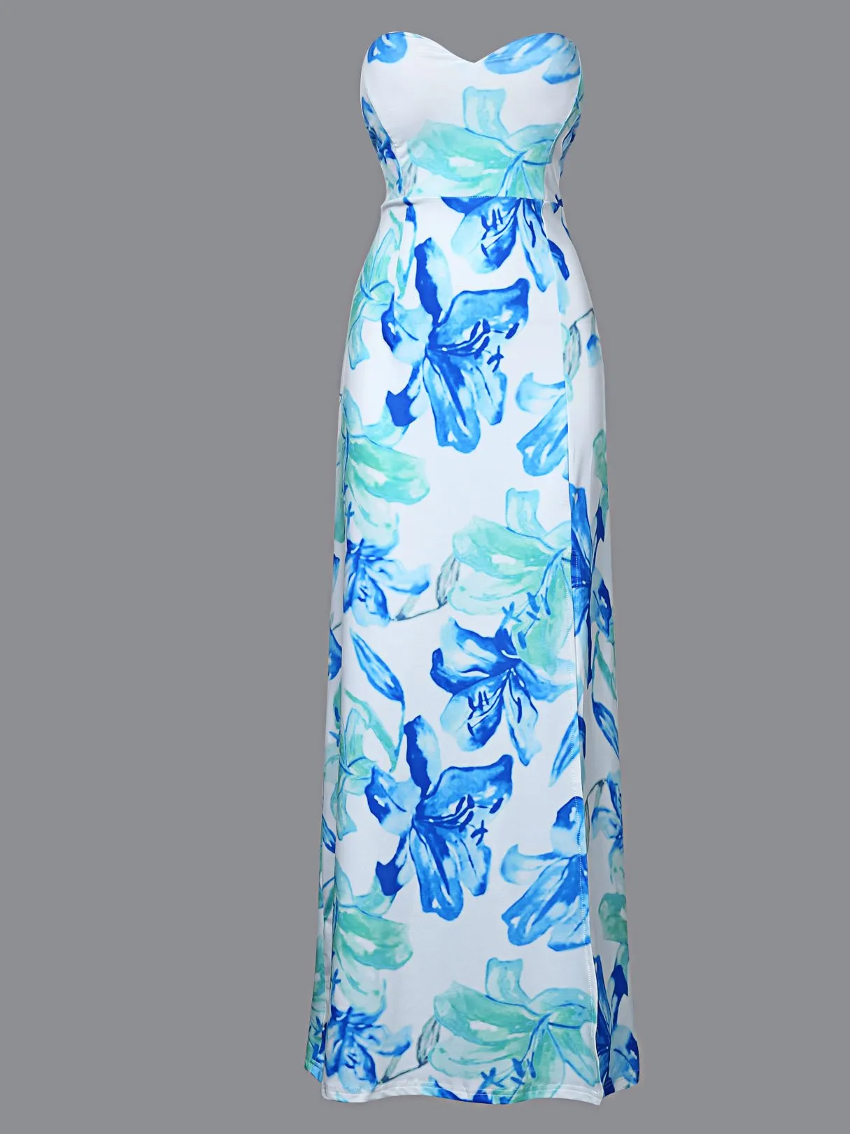 Wholesale Blue Strapless Sleeveless Floral Print Maxi Dress