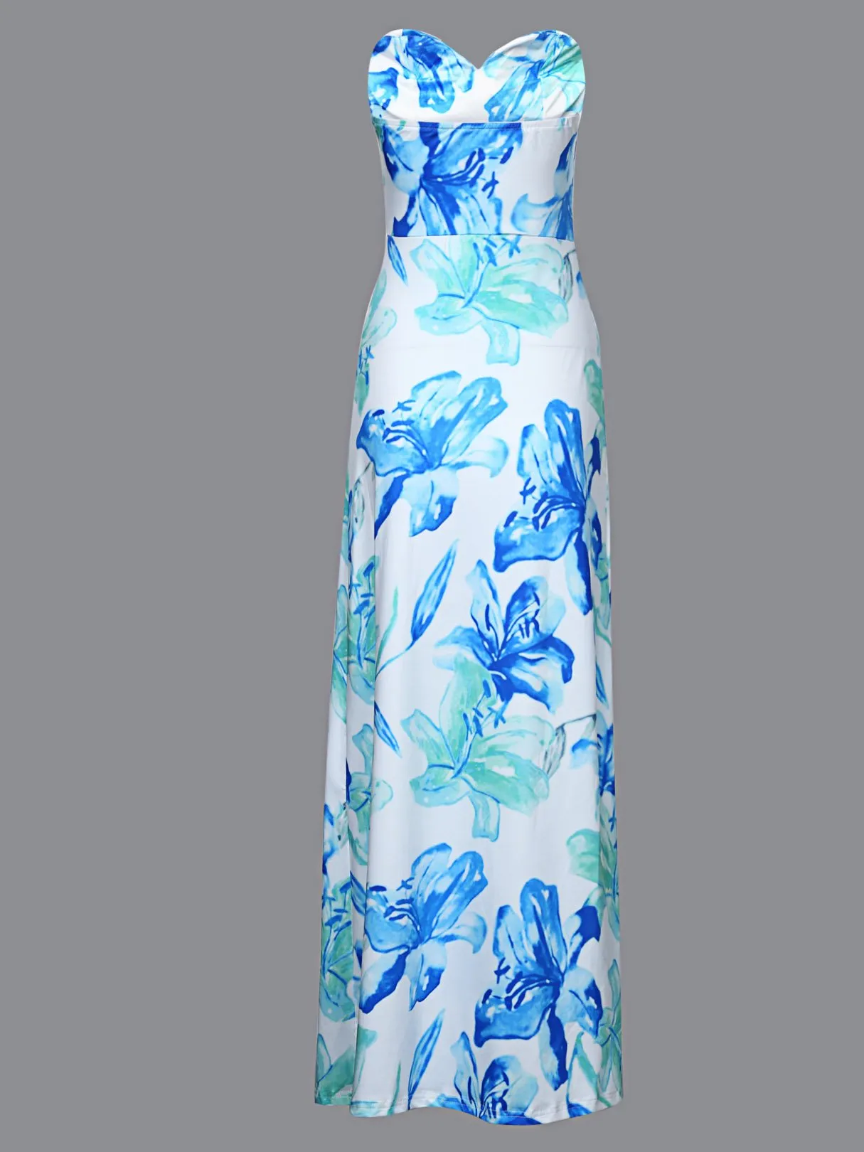 Wholesale Blue Strapless Sleeveless Floral Print Maxi Dress