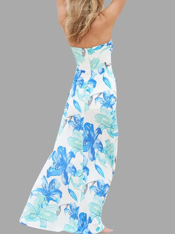 Wholesale Blue Strapless Sleeveless Floral Print Maxi Dress