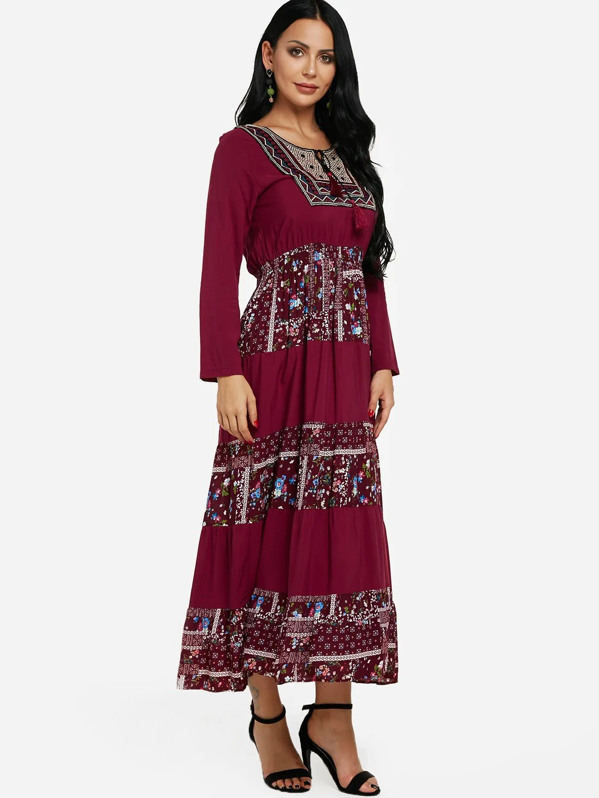 Wholesale Round Neck Long Sleeve Tribal Print Tassel Lace-Up Flounced Hem Burgundy Maxi Dress