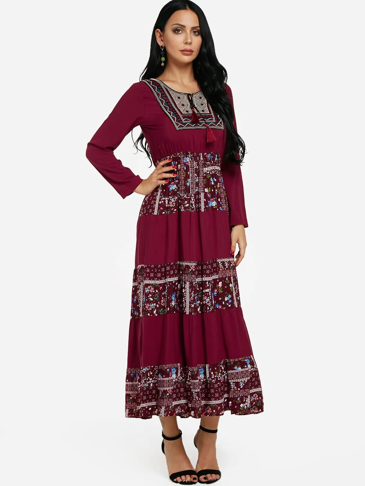 Wholesale Round Neck Long Sleeve Tribal Print Tassel Lace-Up Flounced Hem Burgundy Maxi Dress