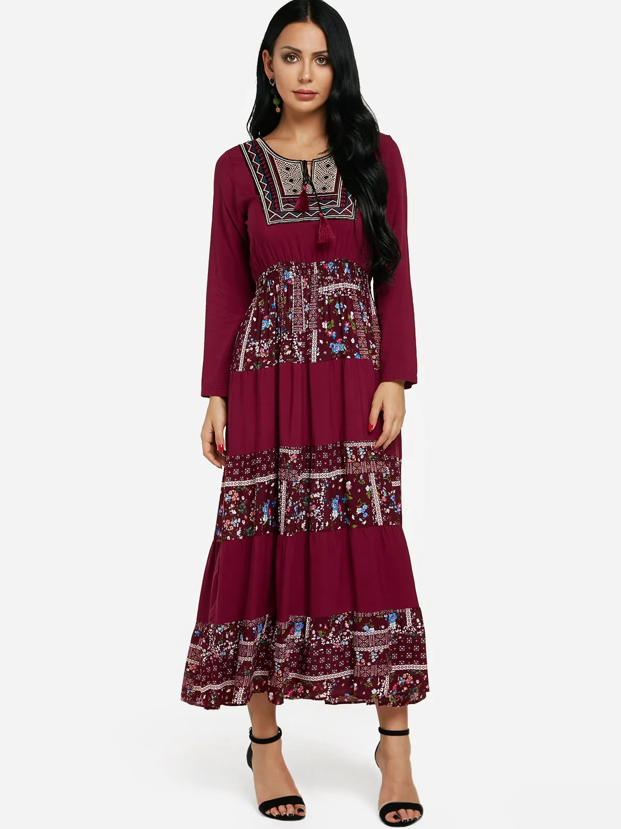 Wholesale Round Neck Long Sleeve Tribal Print Tassel Lace-Up Flounced Hem Burgundy Maxi Dress