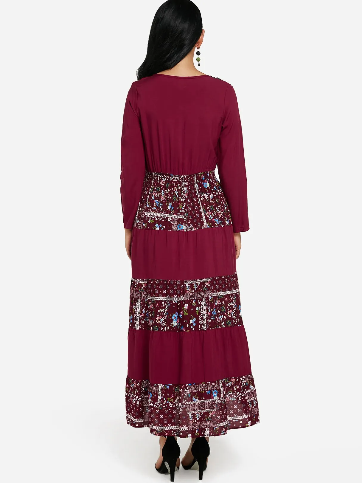 Wholesale Round Neck Long Sleeve Tribal Print Tassel Lace-Up Flounced Hem Burgundy Maxi Dress