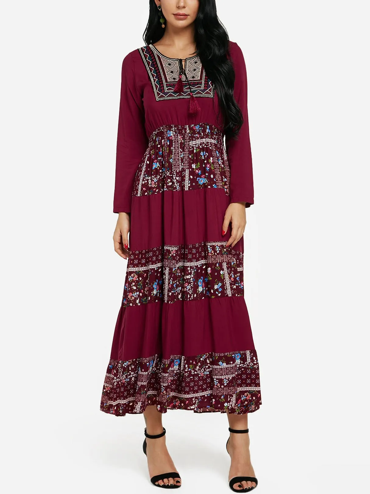 Wholesale Round Neck Long Sleeve Tribal Print Tassel Lace-Up Flounced Hem Burgundy Maxi Dress