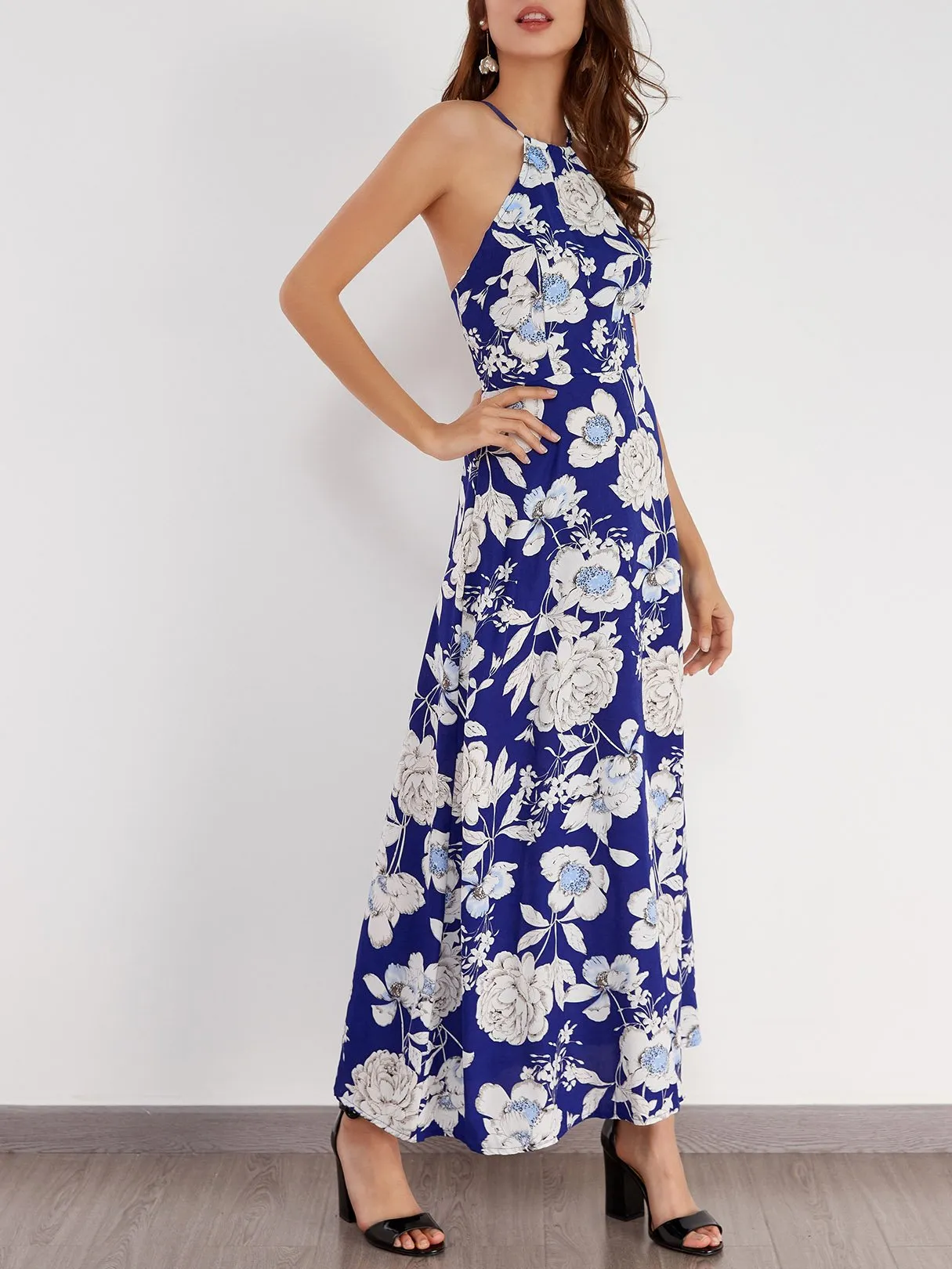 Wholesale Round Neck Sleeveless Floral Print Backless Cut Out Maxi Dress