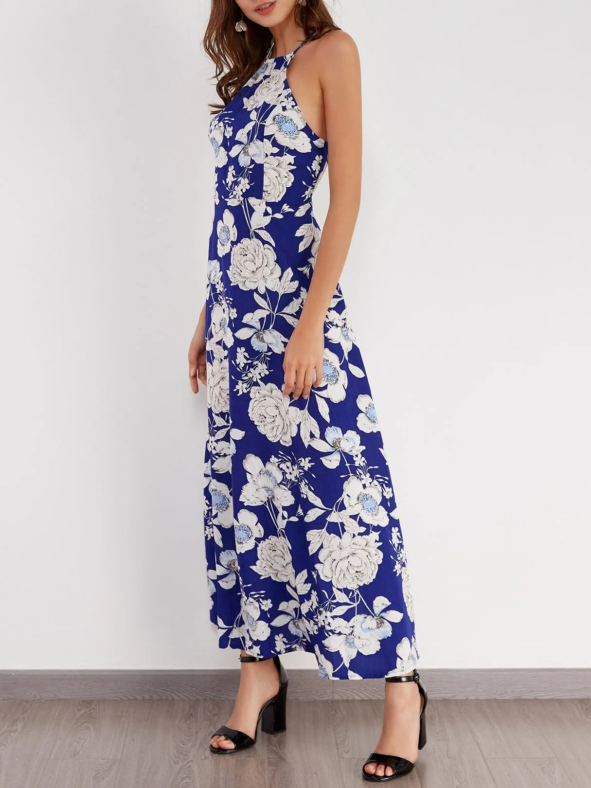 Wholesale Round Neck Sleeveless Floral Print Backless Cut Out Maxi Dress