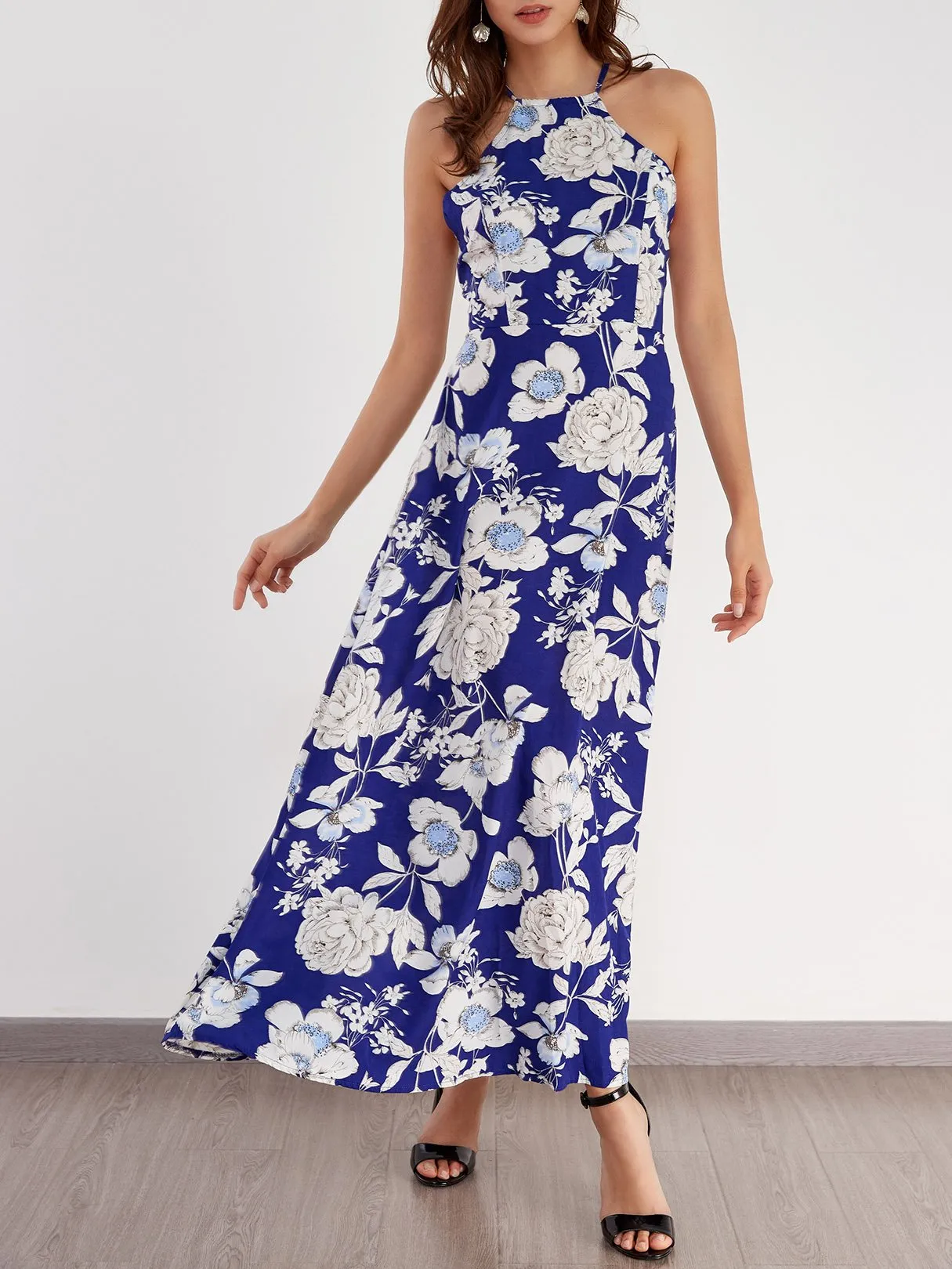 Wholesale Round Neck Sleeveless Floral Print Backless Cut Out Maxi Dress