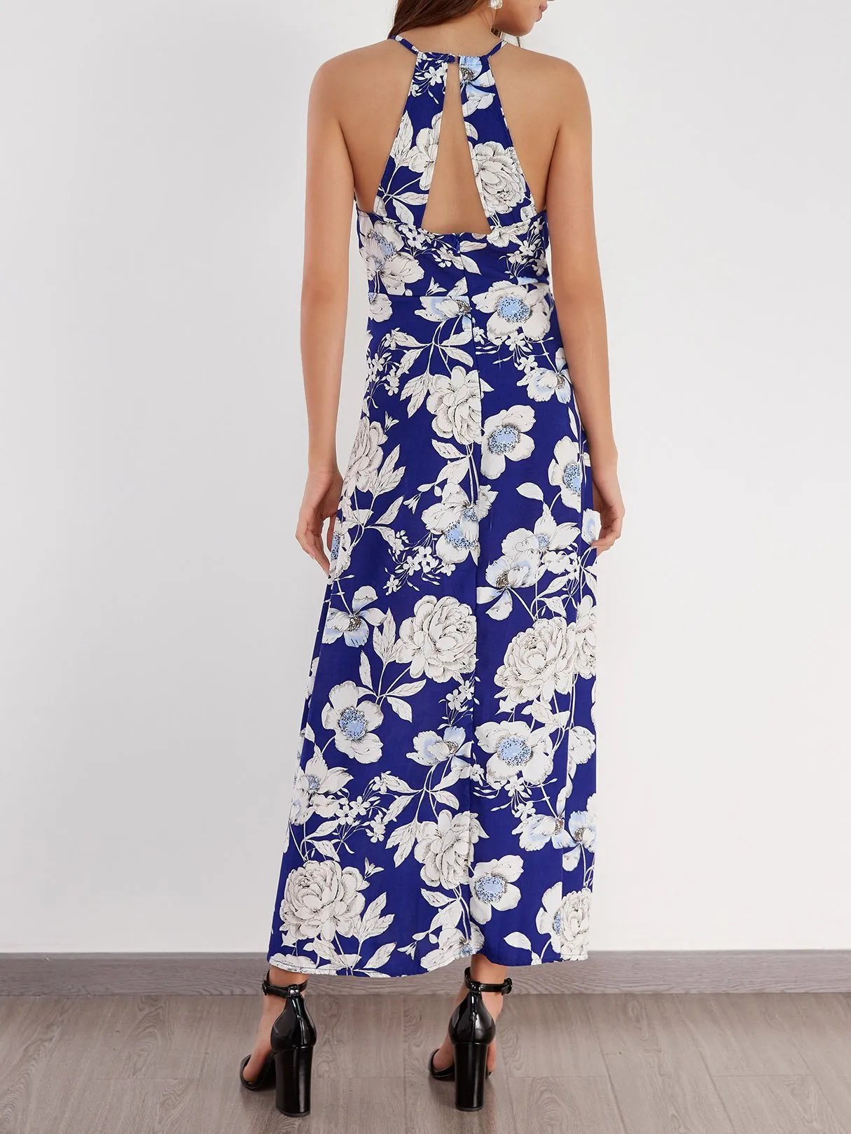 Wholesale Round Neck Sleeveless Floral Print Backless Cut Out Maxi Dress