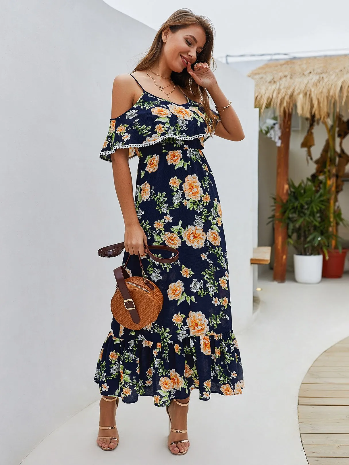 Wholesale Short Sleeve Floral Print Spaghetti Strap Ruffle Hem Maxi Dress