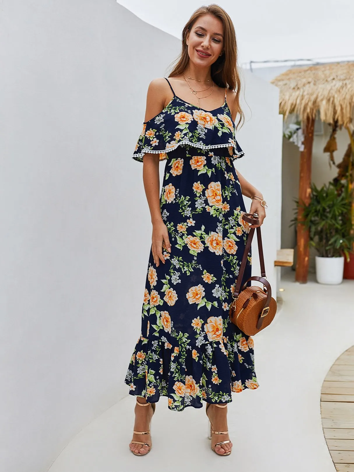 Wholesale Short Sleeve Floral Print Spaghetti Strap Ruffle Hem Maxi Dress