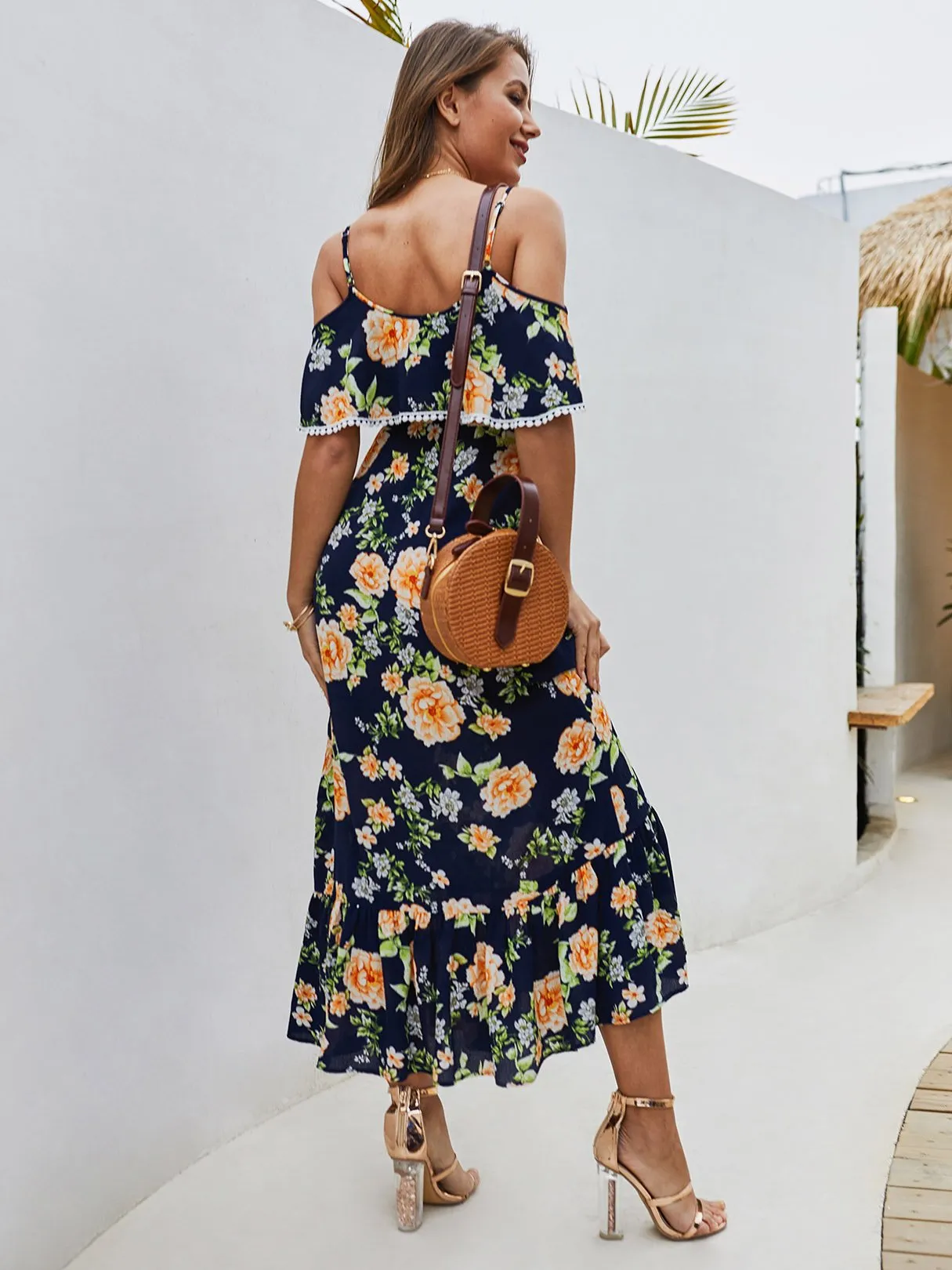 Wholesale Short Sleeve Floral Print Spaghetti Strap Ruffle Hem Maxi Dress