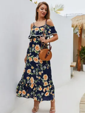 Wholesale Short Sleeve Floral Print Spaghetti Strap Ruffle Hem Maxi Dress