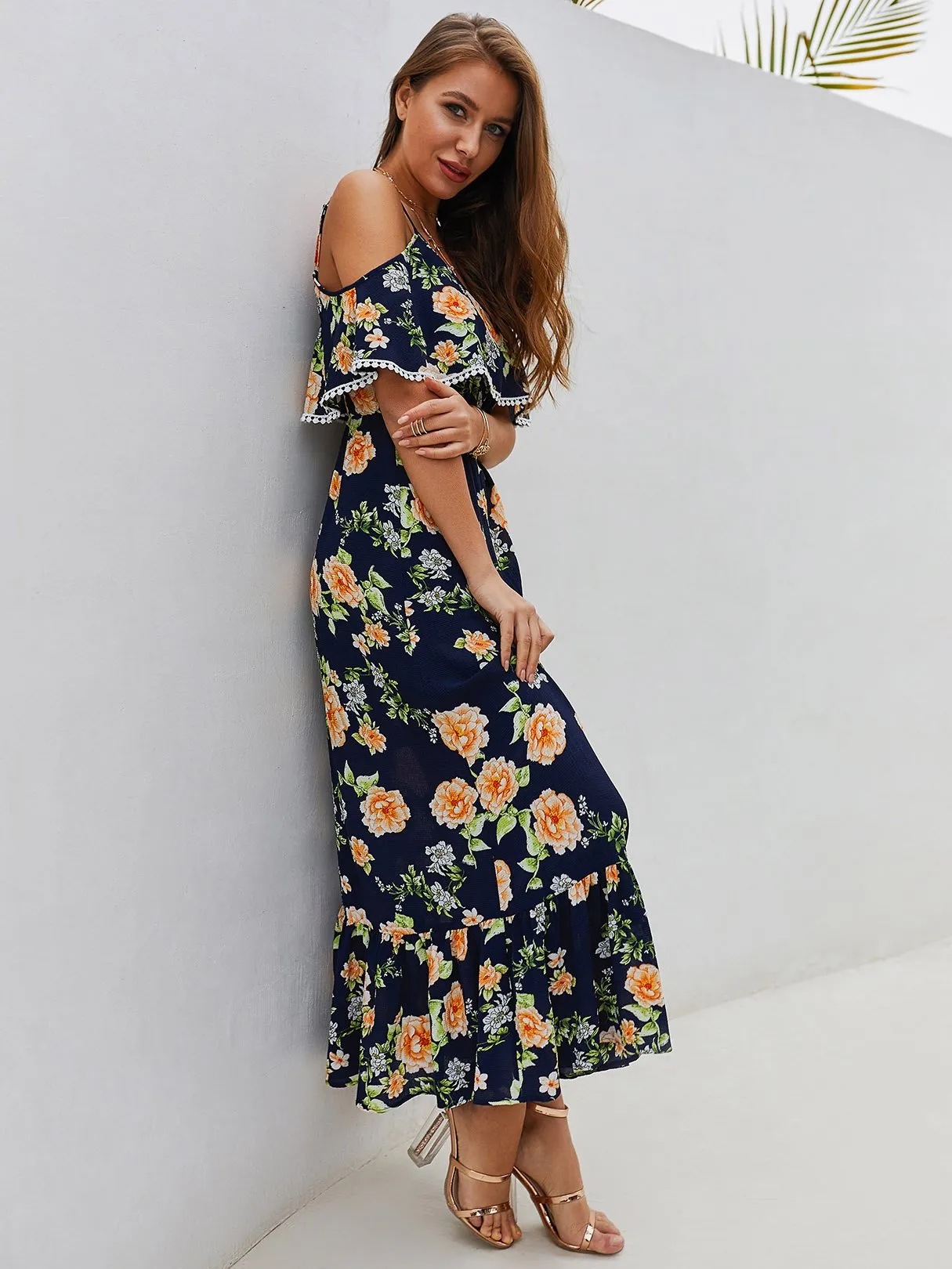 Wholesale Short Sleeve Floral Print Spaghetti Strap Ruffle Hem Maxi Dress