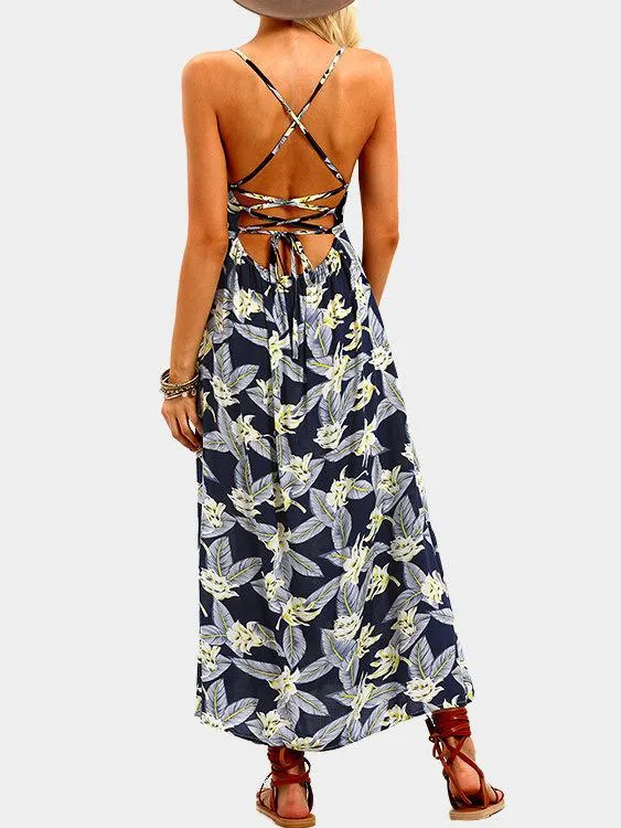 Wholesale Sleeveless Floral Print Backless Lace-Up Slit Hem Maxi Dress