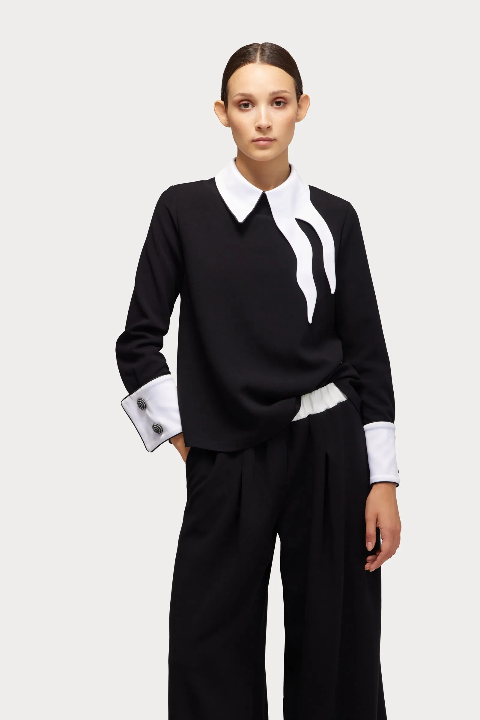 Wide-Leg Black Trousers With Contrasting Waistband White