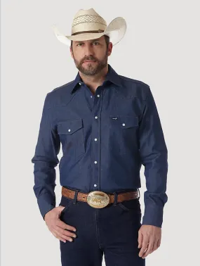 WRANGLER COWBOY CUT FIRM FINISH LONG SLEEVE WESTERN SNAP SOLID WORK SHIRT IN BLUE STYLE MS70119