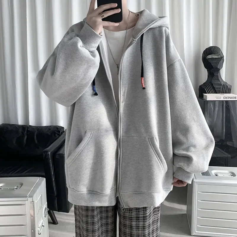 xiangtuibao Spring Trend Japanese Oversized Casual Zipper Hoodies Retro Solid Color Streetwear Men Harajuku Loose Casual Fashion Jackets